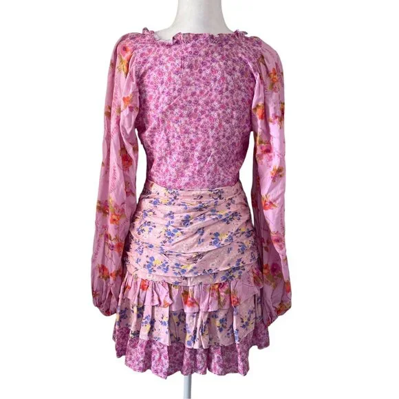 For Love Bell Pink Patchwork Ruffle Mini Dress Boho SZ M - Picture 5 of 16